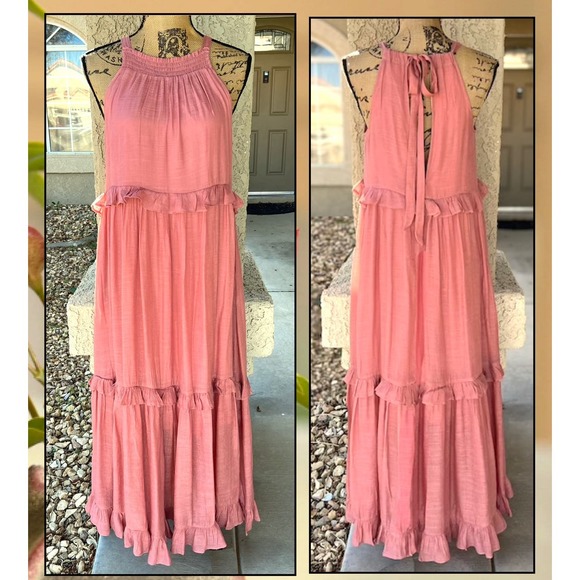 PinkBlush Mauve Halter Neck Ruffle Trim Maternity Maxi Dress Size: S - Picture 6 of 7